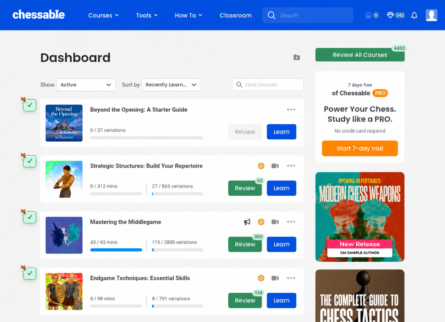 Chessable dashboard with Chess Mate fox check marks on each synced course