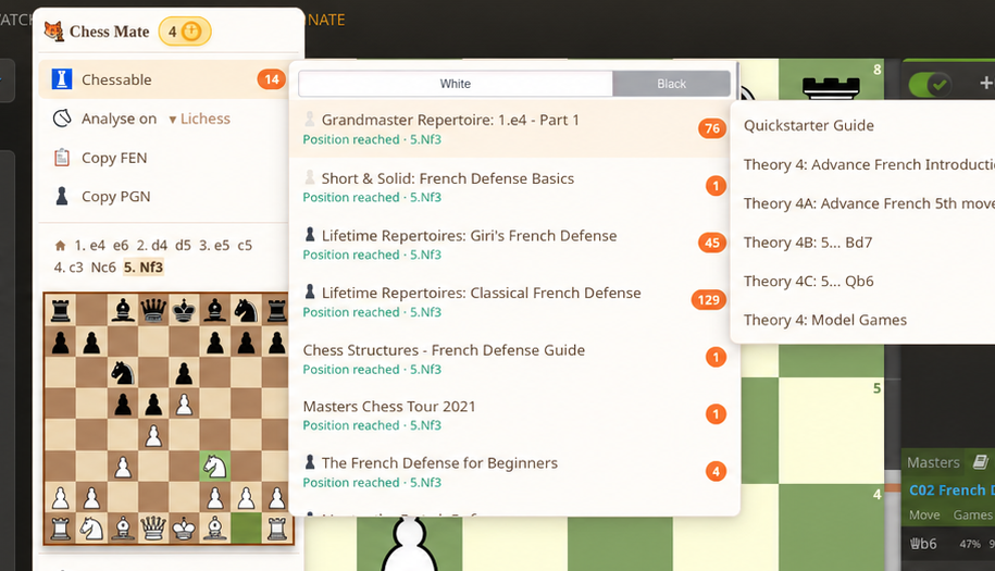 Chess Mate on Lichess showing a dropdown of Chessable courses that reach the detected position