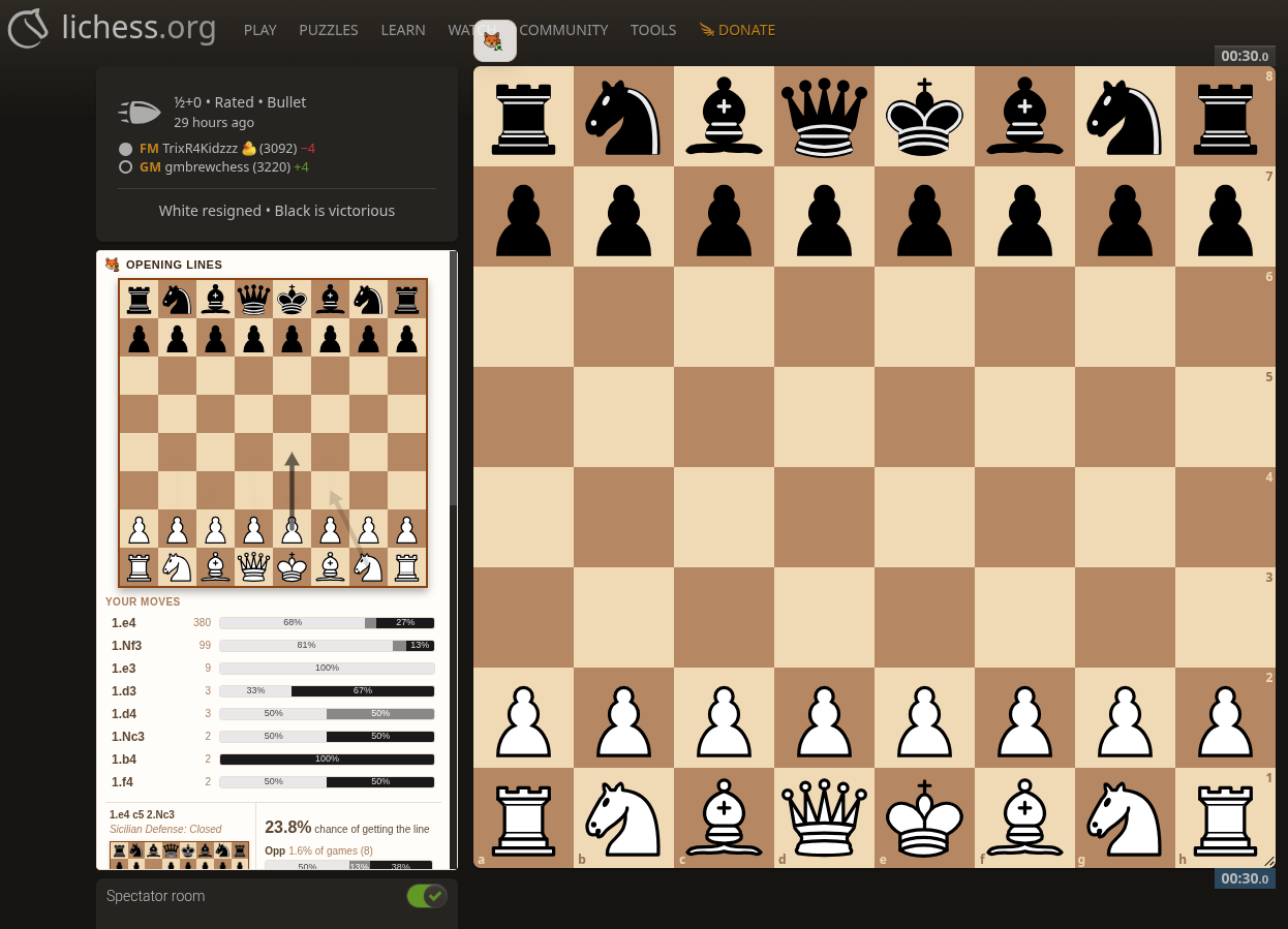 Chess Mate opening tree panel beside a Lichess board, showing the opening lines and a ranked list of your moves with win rates